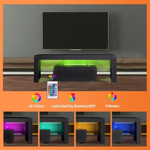 LED TV Stand for Televisions up to 55 inches, Entertainment Center and Media Console with Storage Drawers and Glass Shelves for Living Room, Bedroom - LeafyLoom