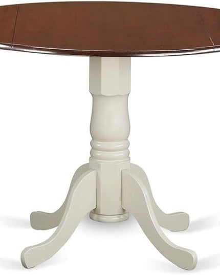 East West Furniture DLT-MLW-TP Dublin Modern Dining Table - a Round Kitchen Table Top with Dropleaf & Pedestal Base, 42x42 Inch, Mahogany & Linen White - LeafyLoom