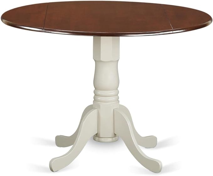 East West Furniture DLT-MLW-TP Dublin Modern Dining Table - a Round Kitchen Table Top with Dropleaf & Pedestal Base, 42x42 Inch, Mahogany & Linen White - LeafyLoom