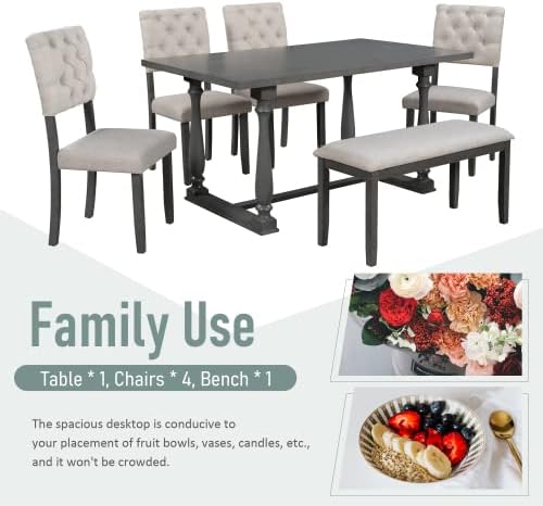 6-Piece Wooden Rectangular Dining Set with 4 Bench, Table with Special-Shaped Legs, Four Fabric Upholstered Tufted Chairs,Modern Industrial Style (Gray) - LeafyLoom