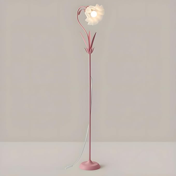 OTTOSON Modern Flower Shape Floor Lamp, Macaron Pink 1-Light Iron Standing Light Cute Floral Lamp with Acrylic Shade Arc Tall Lamp for Living Room Corner Bedroom Kids Room - LeafyLoom