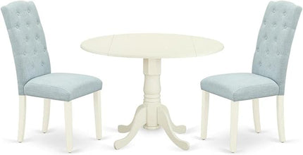 East West Furniture DLCE3-WHI-15 Dublin 3 Piece Set Contains a Round Dining Room Table with Dropleaf and 2 Baby Blue Fabric Upholstered Chairs, 42x42 Inch, Linen White - LeafyLoom