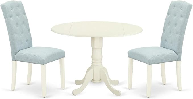 East West Furniture DLCE3-WHI-15 Dublin 3 Piece Set Contains a Round Dining Room Table with Dropleaf and 2 Baby Blue Fabric Upholstered Chairs, 42x42 Inch, Linen White - LeafyLoom