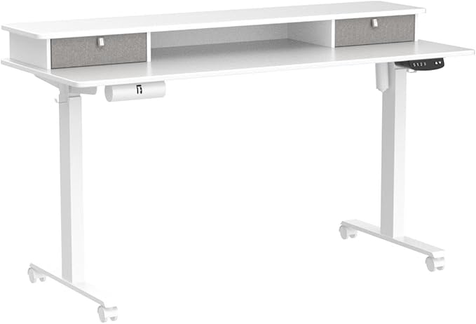 FEZIBO 55 x 24 Inch Height Adjustable Electric Standing Desk with Double Drawer, Stand Up Desk with Storage Shelf, Sit Stand Desk, White - LeafyLoom