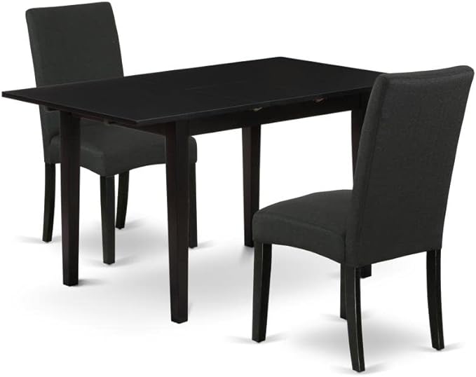 East West Furniture Norfolk 3 Piece Modern Dining Set Contains a Rectangle Wooden Table with Butterfly Leaf and 2 Black Color Linen Fabric Parson Chairs, 32x54 Inch - LeafyLoom