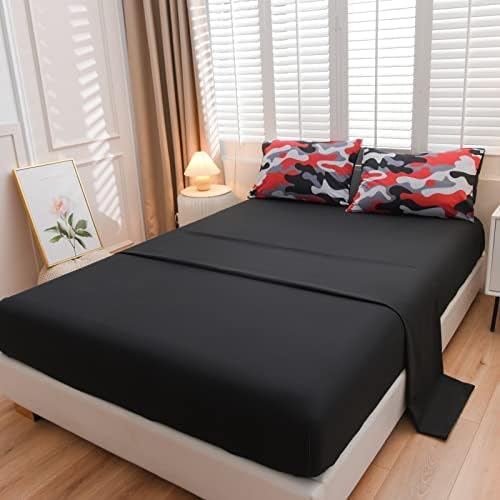 Meeting Story Camouflage Bedding Set, Colorful Pattern Style Comforter Set, 5 PCS One Comforter Two Pillowcases Two Sheets in One Bag, All Season Bedspread for Teens Adults (Red-Black,Queen5pcs - LeafyLoom
