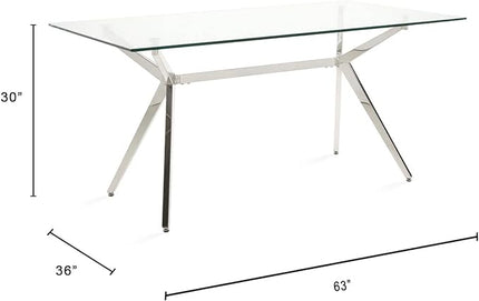 Uptown Club Glass Dining Table with Versatile Rectangular Designs, Tempered Surfaces, and Sturdy Bases for Modern Homes, Seats 4 to 8 People, Elegant Statement Piece, 36" x 63", Silver - LeafyLoom