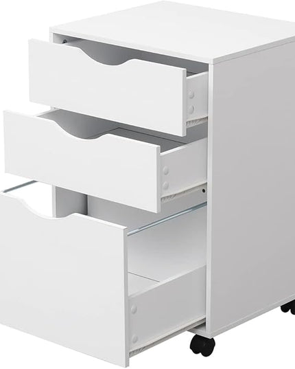 3 Drawers Storage Cabinet, Wooden Mobile Filing Cabinet for Mini Printer Stand, with Lockable Casters, for Home Office (3-Drawers, White) - LeafyLoom