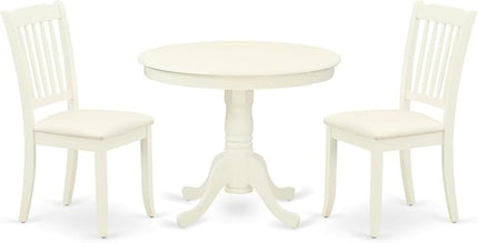 East West Furniture Antique 3 Piece Kitchen Set Contains a Round Room Table with Pedestal and 2 Fabric Upholstered Dining Chairs, 36x36 Inch, Linen White - LeafyLoom