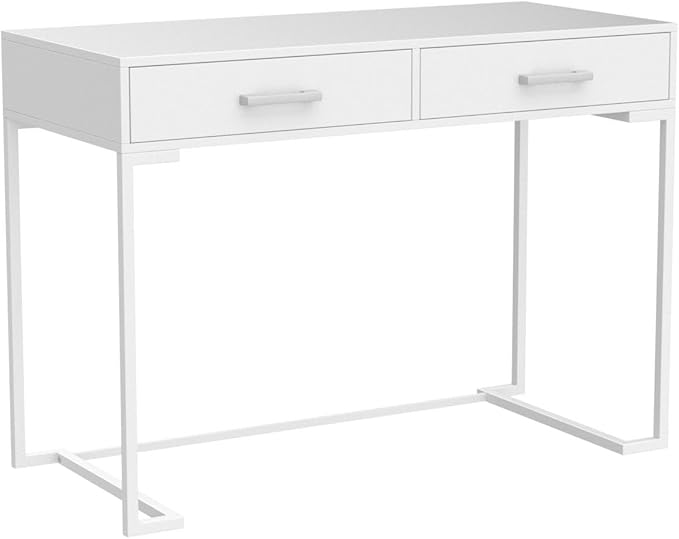 Computer Desk with 2 Drawers, Wooden Writing Desks for Home Office, White - LeafyLoom