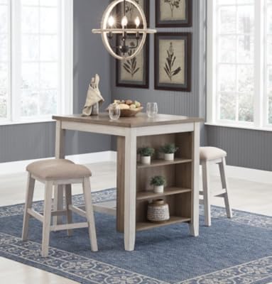 Signature Design by Ashley Skempton 3 Piece Counter Height Dining Set, Includes Table and 2 Barstools, Whitewash - LeafyLoom