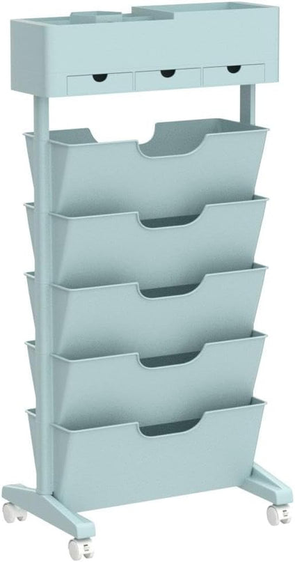 6 Tier Rolling Cart,Open Bookcase and Bookshelf,Mobile Bookshelf with Wheels 3 Drawer,Storage Shelving Display Shelves,Narrow Rolling Storage Cart for Living Room, Bedroom, Kitchen(Blue) - LeafyLoom
