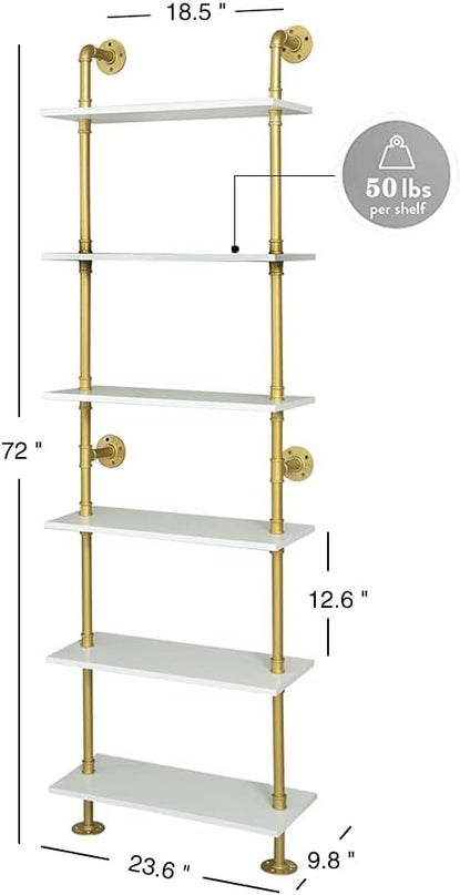 6 Tier Gold Bookshelf, White and Gold Shelves, Modern Shelves Shelf Bookcase Metal Mid Century Open Industrial Wall Mount Accents Decor Retail Shelving Vertical for Living Room - LeafyLoom