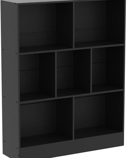YAHARBO Black 7 Cube Bookshelf,3 Tier Modern Horizontal Bookcase,Wooden Low Book Shelf Display Storage Cabinet with Base,Floor Standing Short Bookshelves Open Organizer for Bedroom,Living Room,Office - LeafyLoom