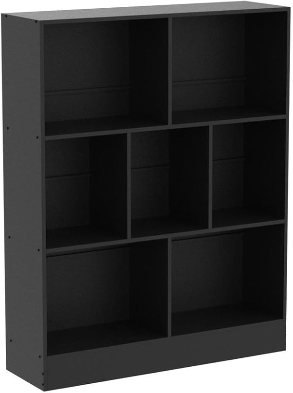 YAHARBO Black 7 Cube Bookshelf,3 Tier Modern Horizontal Bookcase,Wooden Low Book Shelf Display Storage Cabinet with Base,Floor Standing Short Bookshelves Open Organizer for Bedroom,Living Room,Office - LeafyLoom