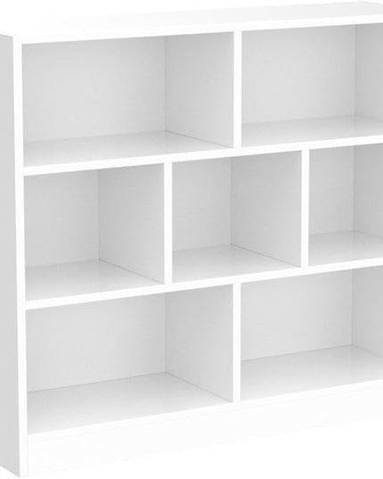 IOTXY Open Shelf Low Bookcase - Wooden 3-Tier Floor Standing Display Cabinet Organizer with Base, 7 Cubes Short Horizontal Bookshelf in Warm White - LeafyLoom