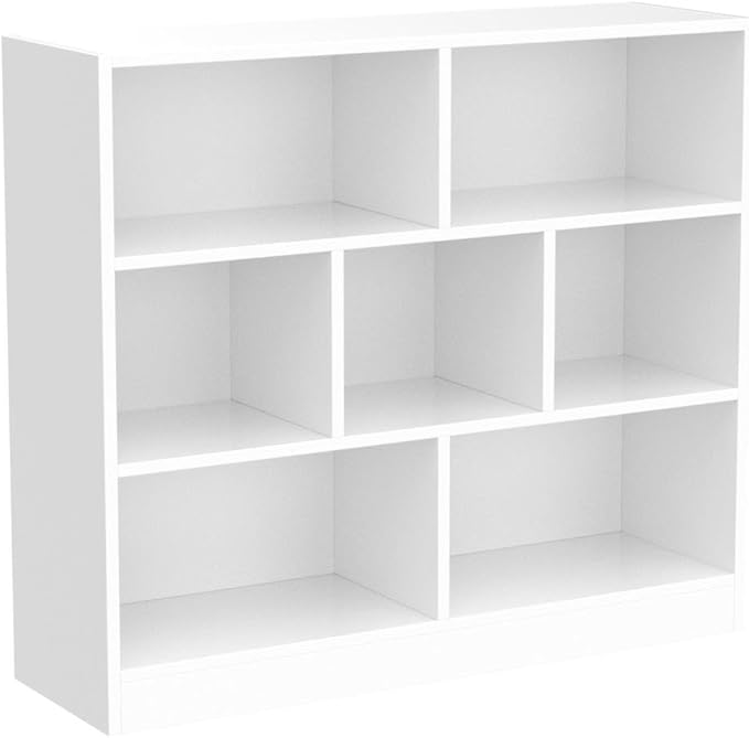 IOTXY Open Shelf Low Bookcase - Wooden 3-Tier Floor Standing Display Cabinet Organizer with Base, 7 Cubes Short Horizontal Bookshelf in Warm White - LeafyLoom