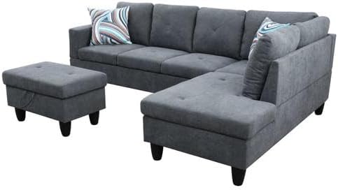ROOMTEC L Shape Sectional Sofa Set, 5 Seat Upholstered Corner Couch with Storage Ottoman & Right Chaise Lounge, Luxurious Flannelette Tufted Cushions, for Living Room, Apartment, Dark Grey - LeafyLoom