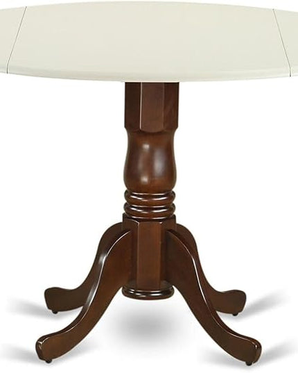 East West Furniture DLT-LMA-TP Dublin Modern Kitchen Table - a Round Dining Table Top with Dropleaf & Pedestal Base, 42x42 Inch, Linen White & Mahogany - LeafyLoom
