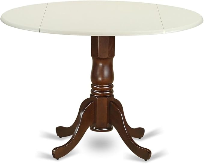 East West Furniture DLT-LMA-TP Dublin Modern Kitchen Table - a Round Dining Table Top with Dropleaf & Pedestal Base, 42x42 Inch, Linen White & Mahogany - LeafyLoom