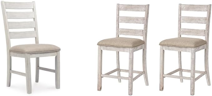 Signature Design by Ashley Skempton 20" Modern Farmhouse Dining Room Chair, 2 Count, Whitewash & Skempton 24" Counter Height Upholstered Barstool, 2 Count, Antique White - LeafyLoom