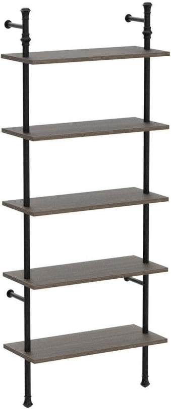 5 Tier Shelf, Wall Mounted Bookshelf, Industrial Bookcase, Open Display Shelves Tall Modern Book Case Standing Leaning Wall Shelves for Living Room Bedroom Home Office Kitchen, Oak Gray - LeafyLoom