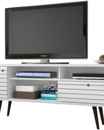 Manhattan Comfort Liberty Mid Century Modern TV Stand for Televisions up to 65 Inches, Bedroom and Living Room Entertainment Center with Storage, Shelves, and Cabinet, 71" Wide, White - LeafyLoom
