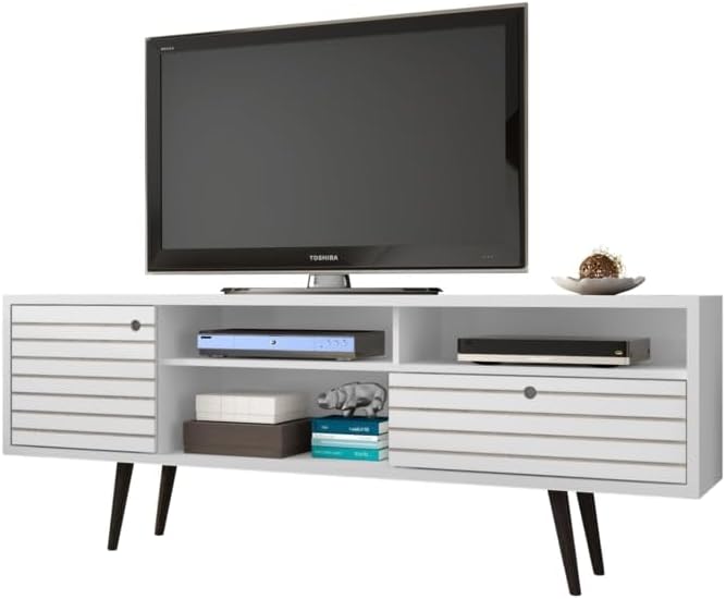 Manhattan Comfort Liberty Mid Century Modern TV Stand for Televisions up to 65 Inches, Bedroom and Living Room Entertainment Center with Storage, Shelves, and Cabinet, 71" Wide, White - LeafyLoom