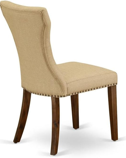 East West Furniture ANGA5-ANA-03 5 Piece Dining Set for 4 Includes a Round Kitchen Table with Pedestal and 4 Brown Linen Fabric Upholstered Parson Chairs - LeafyLoom