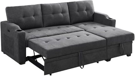 83 Inch Convertible L Shaped Sleeper Sectional Sofa Linen with Storage Chaise, Pull Out Bed, Cup Holder, USB Charging Port, Side Pocket, Reversible Corner Couch Design, 83inch, Dark Grey-3 - LeafyLoom