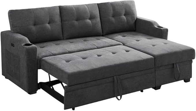 83 Inch Convertible L Shaped Sleeper Sectional Sofa Linen with Storage Chaise, Pull Out Bed, Cup Holder, USB Charging Port, Side Pocket, Reversible Corner Couch Design, 83inch, Dark Grey-3 - LeafyLoom