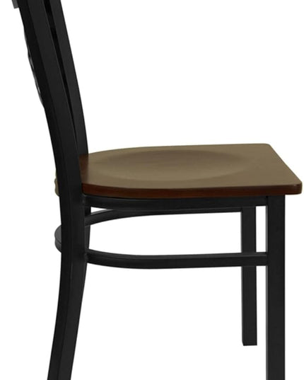 Flash Furniture HERCULES Series Black ''X'' Back Metal Restaurant Chair - Mahogany Wood Seat - LeafyLoom