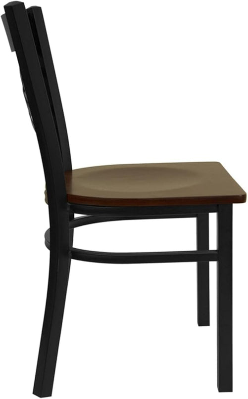 Flash Furniture HERCULES Series Black ''X'' Back Metal Restaurant Chair - Mahogany Wood Seat - LeafyLoom