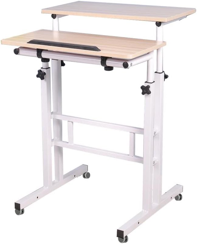 soges Mobile Standing DeskAdjustable Height, Roling Sit-Stand Desk, Small Standing Computer Desk Workstation on Wheels, Sit Stand Up Desk for Home Office, White Maple - LeafyLoom
