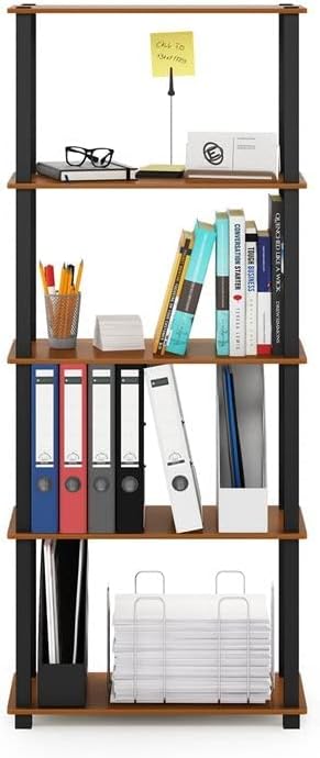 Furinno Turn-N-Tube 5-Tier Multipurpose Shelf / Display Rack / Storage Shelf / Bookshelf, Square Tubes, Light Cherry/Black - LeafyLoom