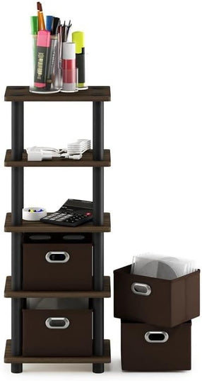 FURINNO Turn-N-Tube 4-Bins System Rack, Columbia Walnut/Black/Dark Brown - LeafyLoom