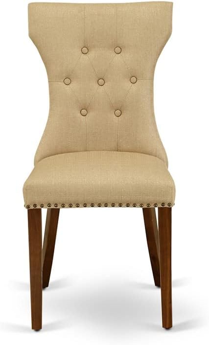 East West Furniture ANGA5-ANA-03 5 Piece Dining Set for 4 Includes a Round Kitchen Table with Pedestal and 4 Brown Linen Fabric Upholstered Parson Chairs - LeafyLoom