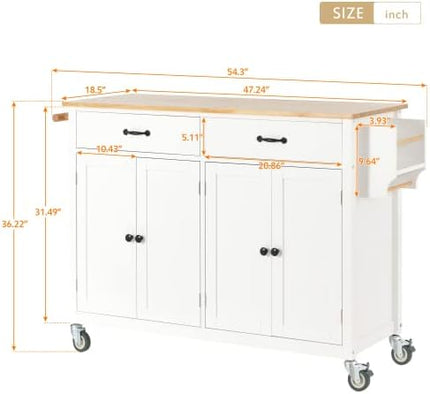 Elefesign FridayParts Kitchen Island Cart with Solid Wood Top and Locking Wheels, 54.3 Inch Width, 4 Door Cabinet and Two Drawers, Spice Rack, Towel Rack, White - LeafyLoom