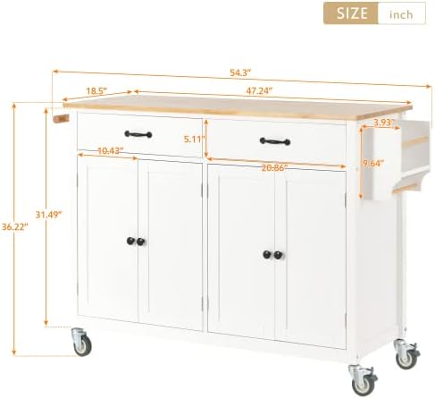 Elefesign FridayParts Kitchen Island Cart with Solid Wood Top and Locking Wheels, 54.3 Inch Width, 4 Door Cabinet and Two Drawers, Spice Rack, Towel Rack, White - LeafyLoom