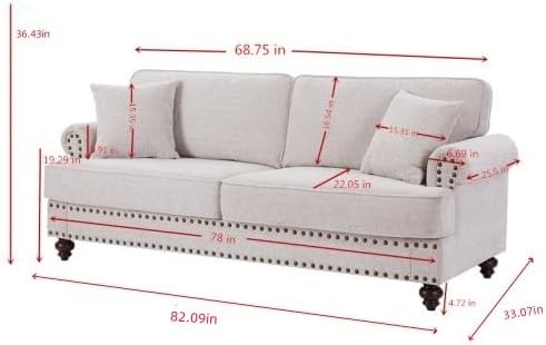 Upholstered 3-Seater Sofa with Rolled Armrest,Modern Couch with Wood Turned Legs and Nailhead Trim Design,for Living, 82" W, White - LeafyLoom