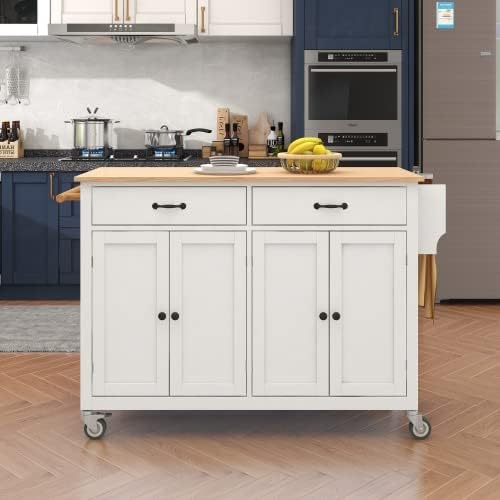 Elefesign FridayParts Kitchen Island Cart with Solid Wood Top and Locking Wheels, 54.3 Inch Width, 4 Door Cabinet and Two Drawers, Spice Rack, Towel Rack, White - LeafyLoom