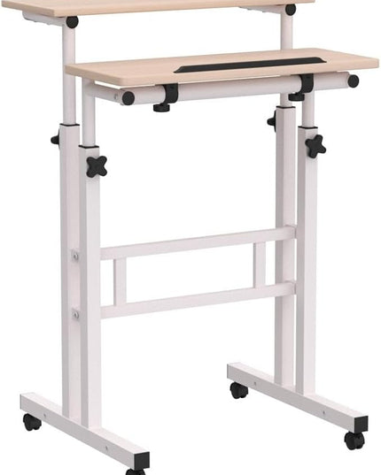 DlandHome Mobile Standing Desk Stand Up Desk Rolling Desk, Stand Sit Desk Mobile Computer Desk Adjustable Standing Desk 23.6inches Table Workstation Mobile Desk Cart Tray Maple - LeafyLoom