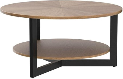 33.5" Round Coffee Table with 2-Tier Storage, Farmhouse Living Room Cocktail Table with Black Metal Leg, Solid Wood Industrial Sofa Center Table,Easy Assembly, Rustic Natural KFZ1338 - LeafyLoom