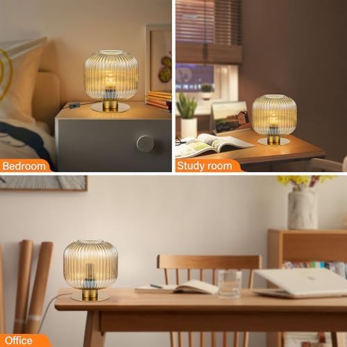Plug in Table Lamp with Amber Glass Shade Mid Century Modern Lamps for Nightstand Modern Style Bedside Nightstand Lamp Reading Desk Light for Study Room Bedroom Living Room Office (Amber) - LeafyLoom