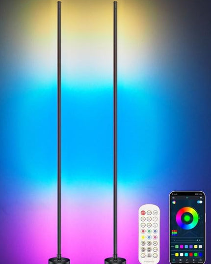 AIZAWA Led Corner Lamp 2-Pack, RGBICW Color Changing Floor Lamp with App and Remote Control, Creative DIY Modes, Music Sync, Led Corner Light for Living Room, Bedroom, and Gaming Room - LeafyLoom
