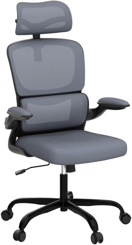 Ergonomic Office Chair, High Back Mesh Desk Chair with Lumbar Support and Adjustable Headrest, Computer Gaming Chair with Flip-up Armrests, Executive Swivel Chair for Home Office (DarkGray) - LeafyLoom