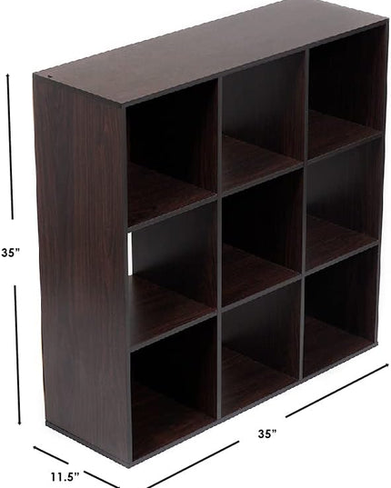 Home Basics 9-Cube Storage Organizer with 11" Shelf Opening Espresso MDF Bookcase and Display Shelf | Open and Closed Back Combination | Horizontal or Vertical Orientation - LeafyLoom