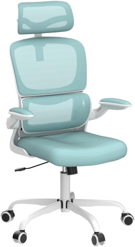Ergonomic Office Chair, High Back Mesh Desk Chair with Lumbar Support and Adjustable Headrest, Computer Gaming Chair with Flip-up Armrests, Executive Swivel Chair for Home Office (MintGreen) - LeafyLoom