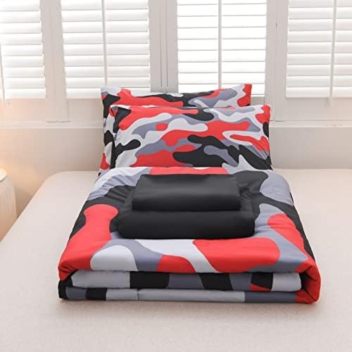 Meeting Story Camouflage Bedding Set, Colorful Pattern Style Comforter Set, 5 PCS One Comforter Two Pillowcases Two Sheets in One Bag, All Season Bedspread for Teens Adults (Red-Black,Queen5pcs - LeafyLoom