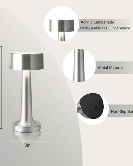 Portable LED Table Lamp, 3-Levels Brightness Metal Desk Lamp, 3 Color Touch Control Rechargeable Lamp, Night Light, Bedside Lamp,Dining Room Lamp,Gifts for Friends (Silver) - LeafyLoom
